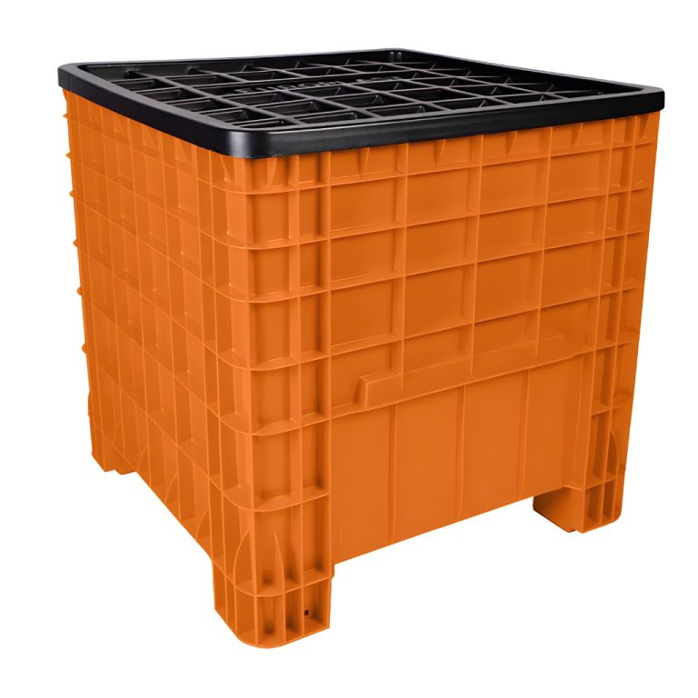 Contenedor México naranja con tapa, caja industrial plástica para almacenamiento seguro y eficiente en industria y almacén