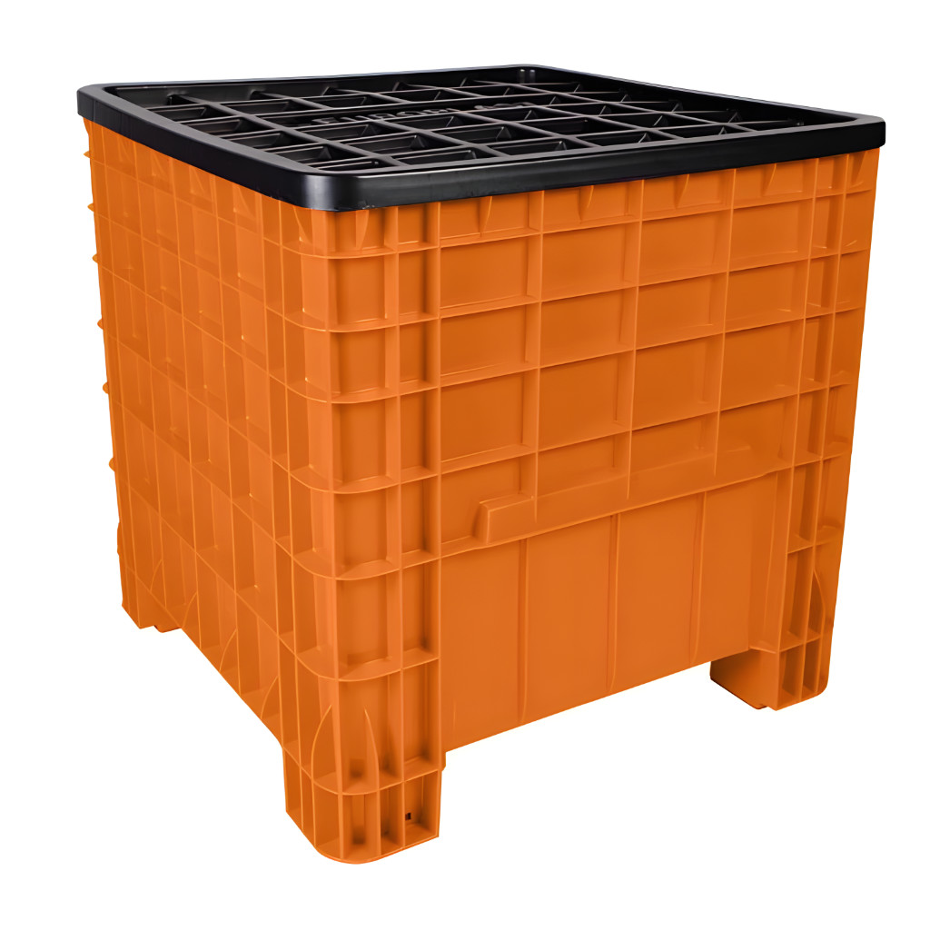 Contenedor México naranja con tapa, caja industrial plástica para almacenamiento seguro y eficiente en industria y almacén