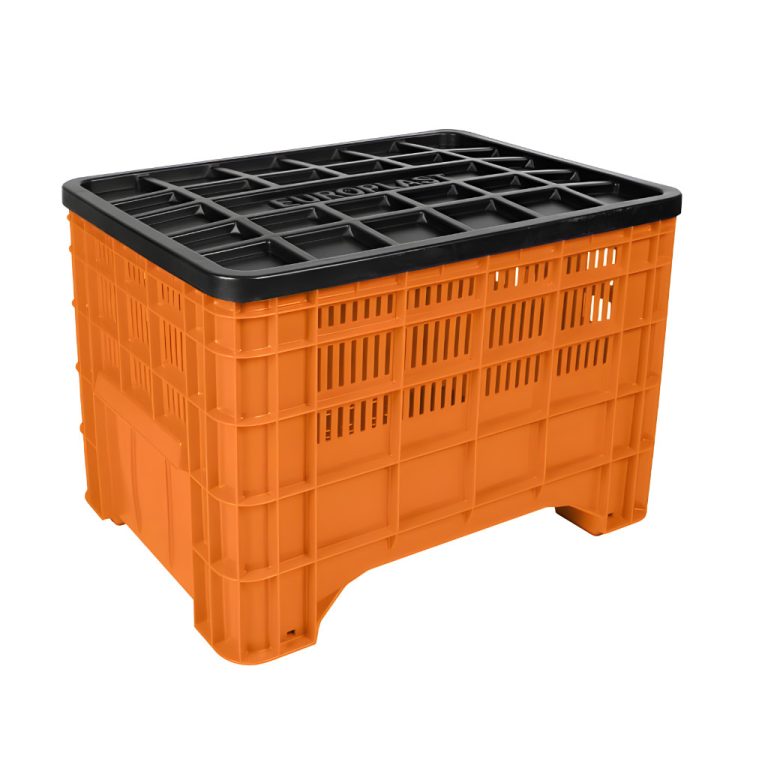 Contenedor industrial Milano calado naranja con tapa, caja plástica ventilada para almacenamiento, transporte y resguardo de materiales en la industria