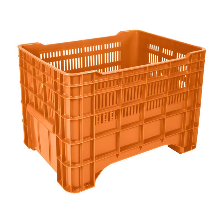 Contenedor industrial Milano calado naranja, caja plástica ventilada para almacenamiento y transporte de productos, materiales o alimentos en planta o almacén