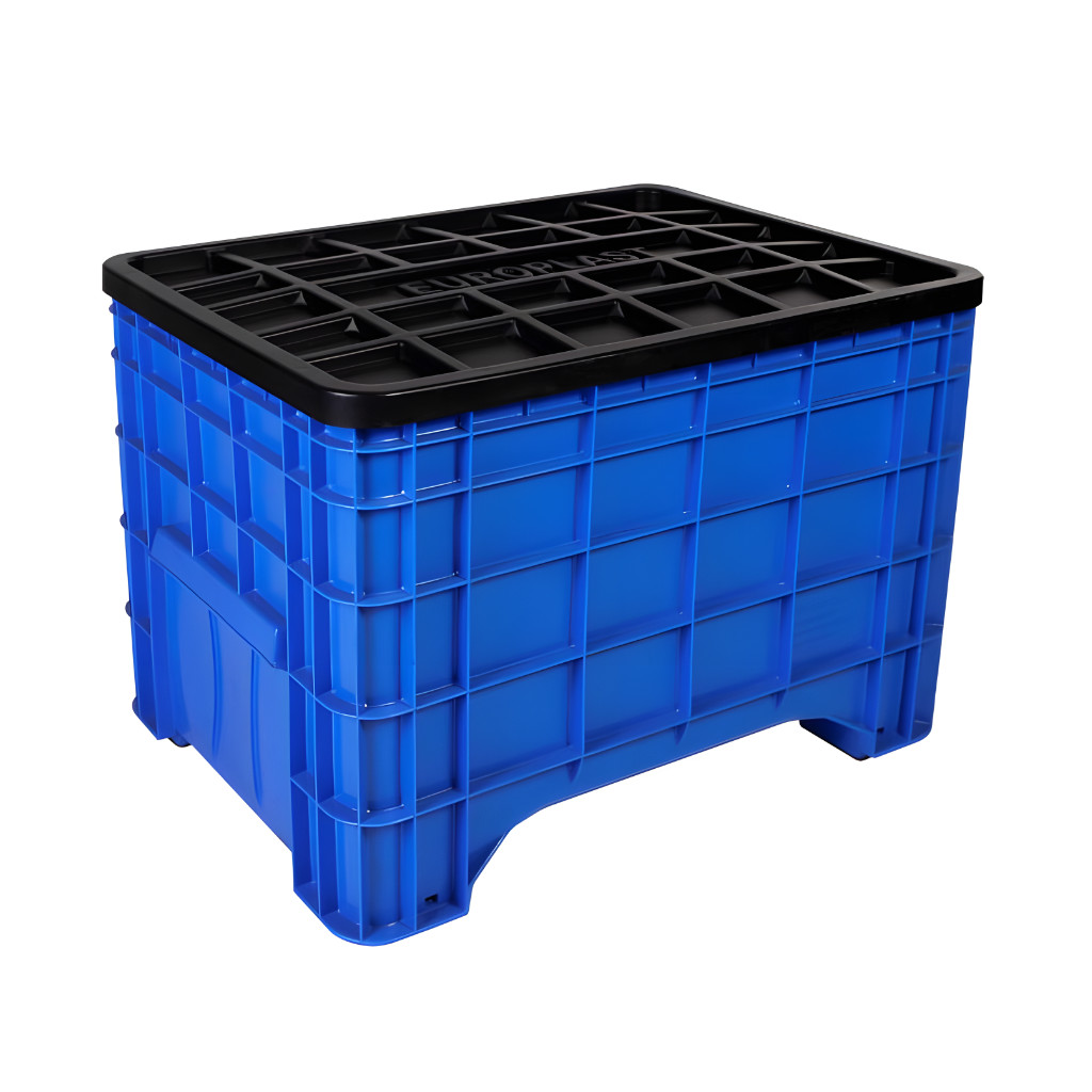 Contenedor industrial Milano cerrado azul con tapa, almacenamiento seguro y resistente para insumos, materiales o residuos