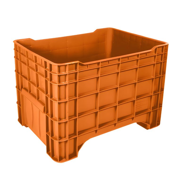Contenedor industrial Milano abierto naranja, caja plástica de alta resistencia para almacenamiento y manejo de materiales o productos en la industria
