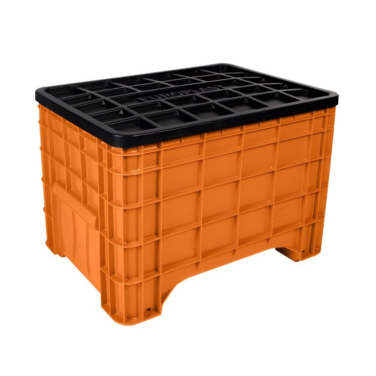 Contenedor industrial Milano cerrado naranja con tapa, caja resistente para almacenamiento y protección de productos
