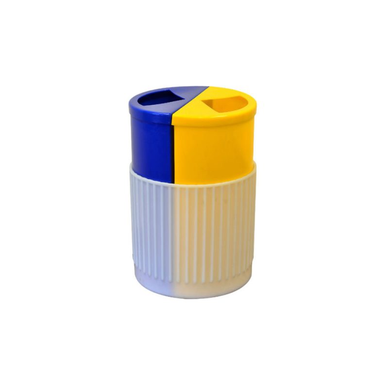 Contenedor plástico Doble WT con compartimientos azul y amarillo para reciclaje de papel/cartón y plásticos/metales, sobre base blanca, conforme normativa mexicana de residuos