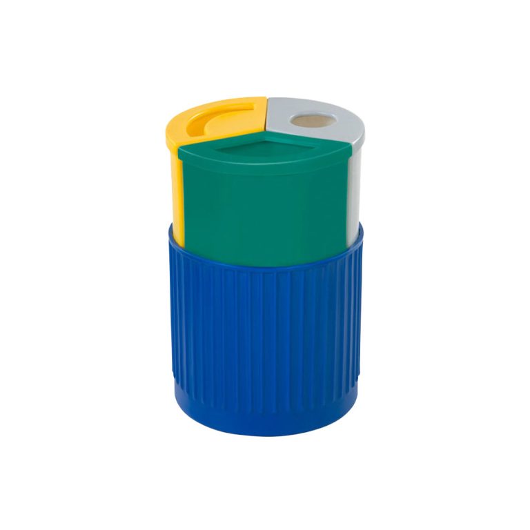 Contenedor plástico Triple WT multicolor con módulos verde, amarillo y gris sobre base azul para separación de residuos orgánicos, reciclables y no reciclables, conforme normativa mexicana