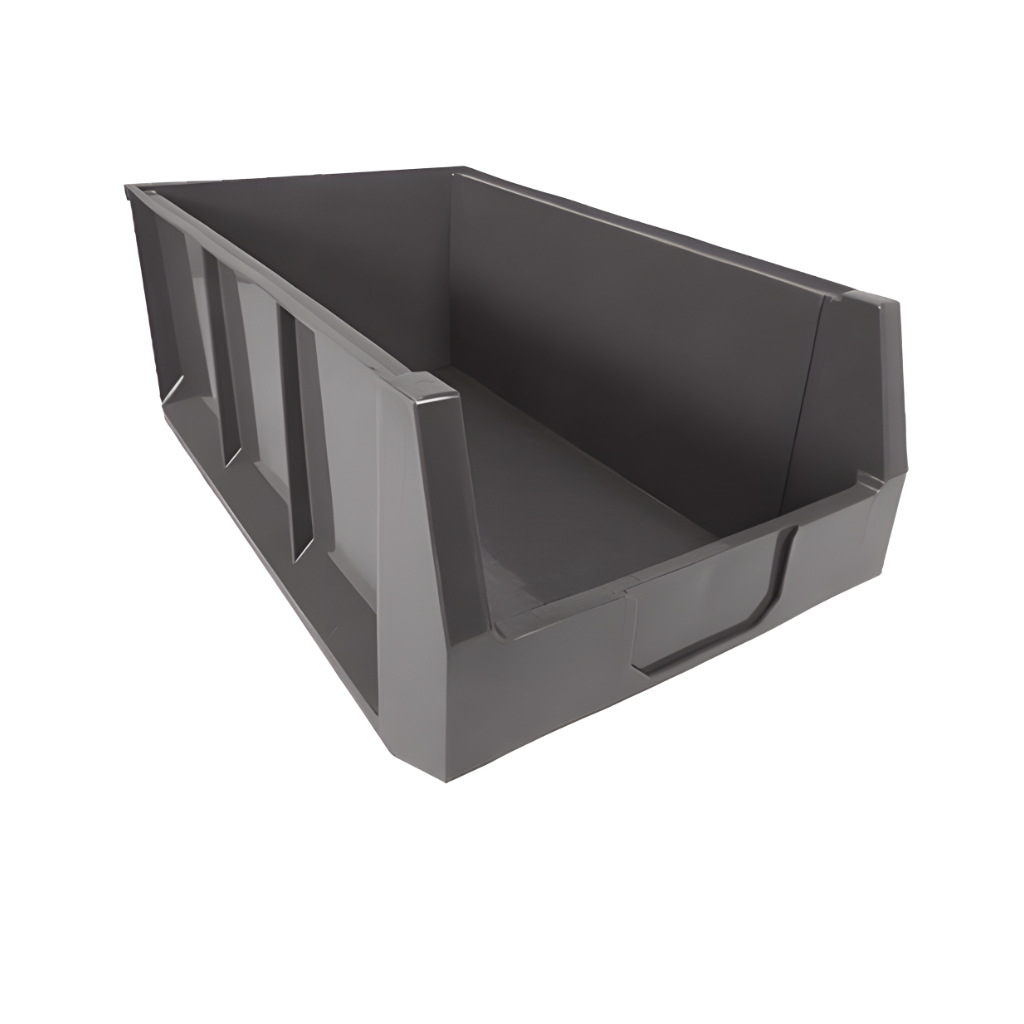 Gaveta plástica industrial número 14 gris, diseñada para estibas y almacenamiento profesional de insumos voluminosos