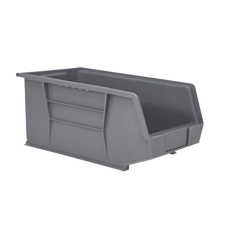 Gaveta plástica industrial número 5 gris, diseñada para estibas profesionales y organización robusta en almacenes