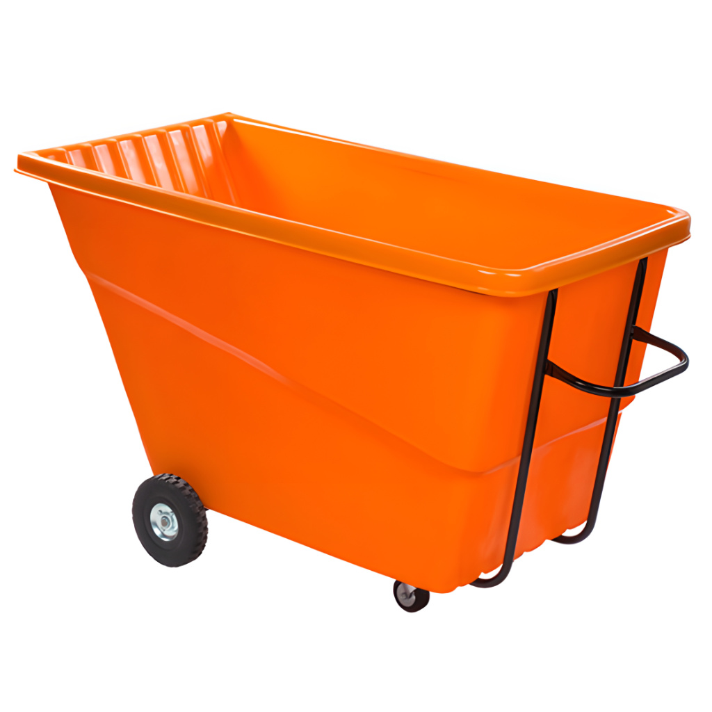 Volquete volcador inclinable 1000 litros naranja, carro robusto para logística industrial y manejo de residuos