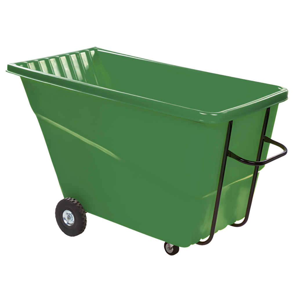 Volquete volcador inclinable 1000 litros verde, contenedor robusto para recolección y vaciado industrial