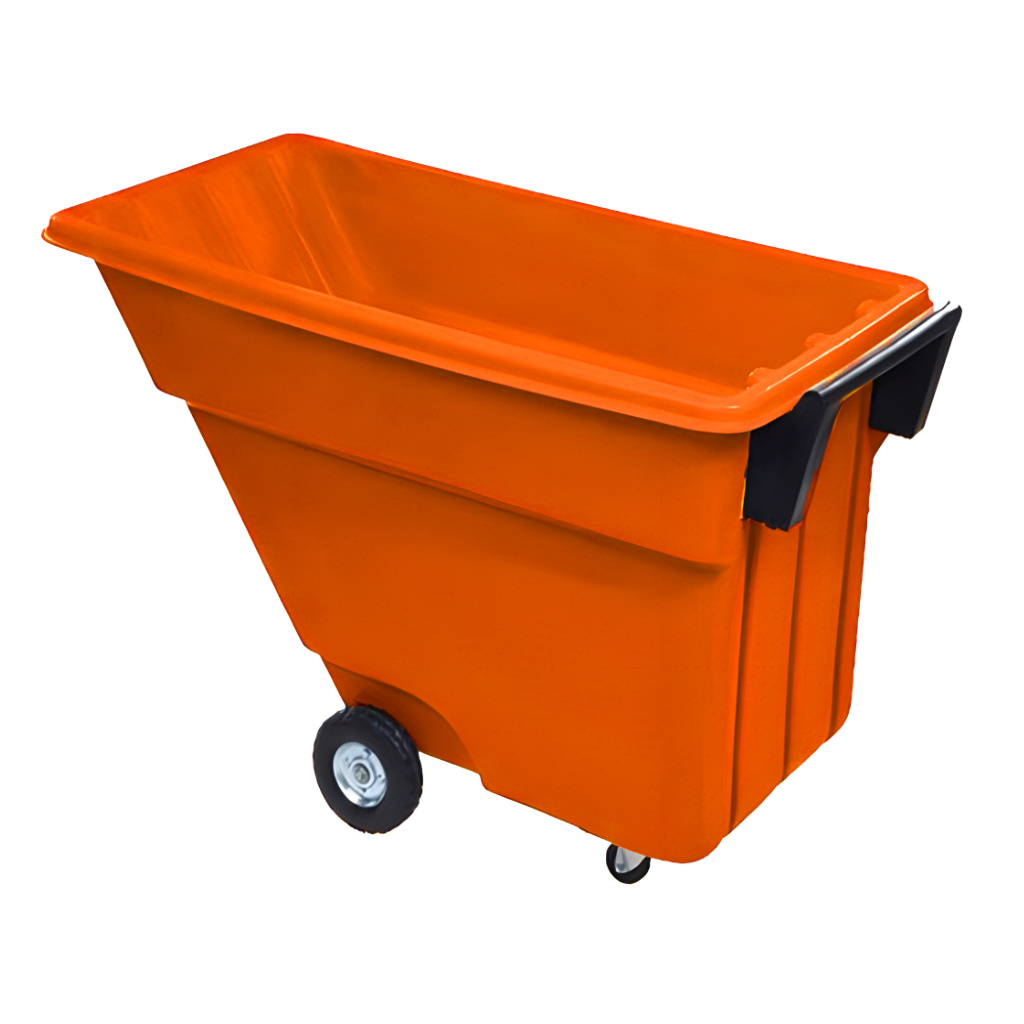 Volquete volcador 500 litros inclinable naranja para la industria, manejo rápido y seguro de residuos y materiales