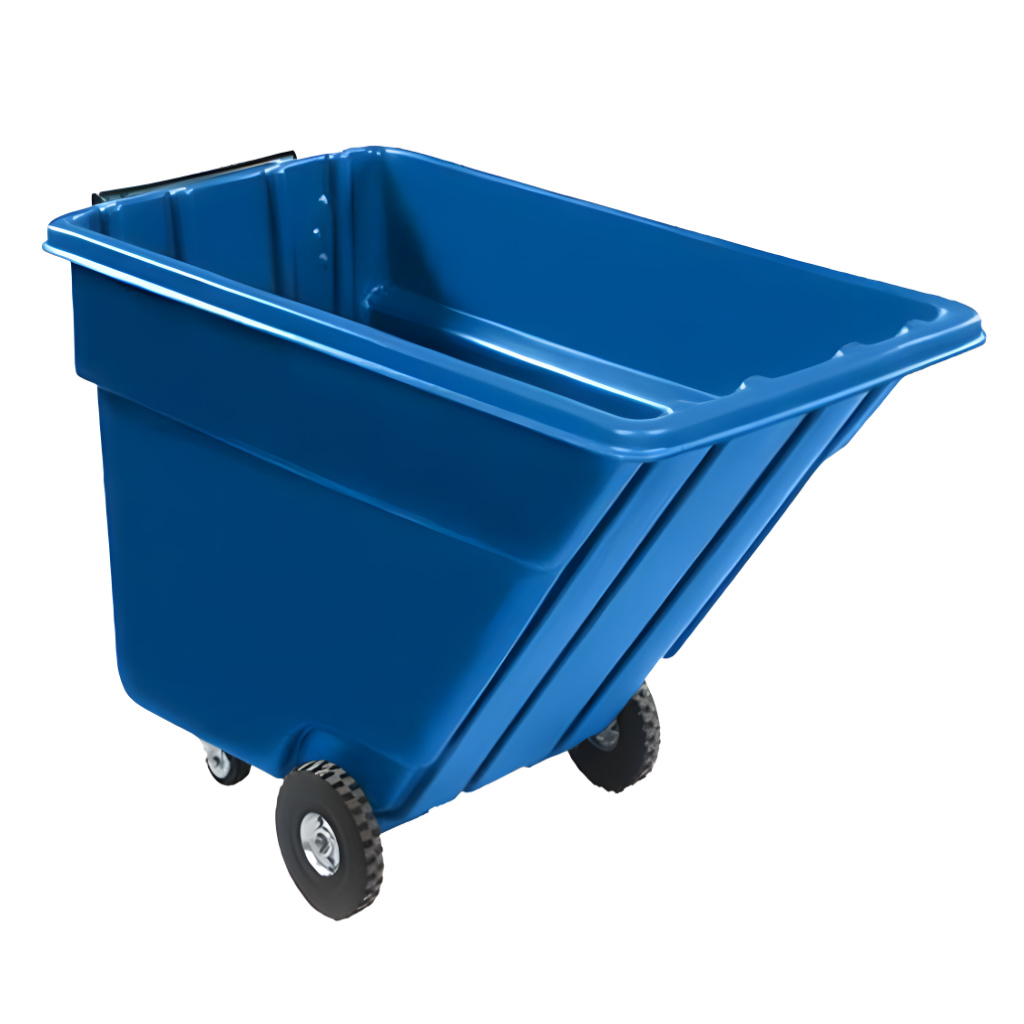 Volquete inclinable 750 litros azul, contenedor volcador industrial para manejo y vaciado de materiales en plantas y almacenes