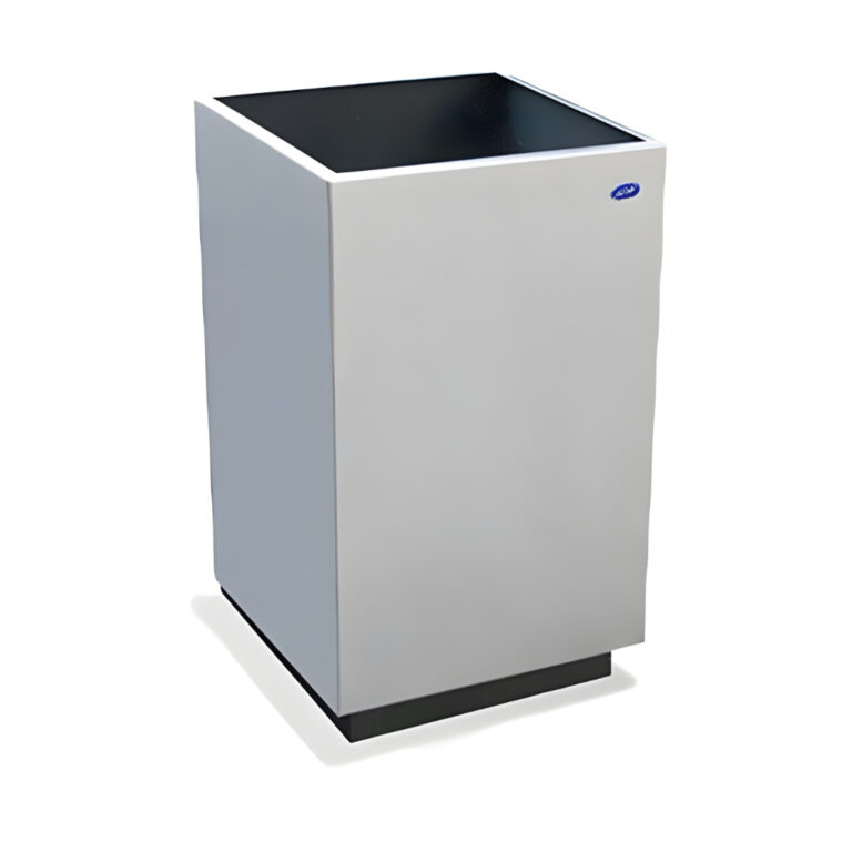 Jardinera Cubo extra grande de 92 litros modelo 704211 en acero inoxidable pulido, 38 × 38 × 64 cm, ideal para plantas grandes en recepciones y terrazas.