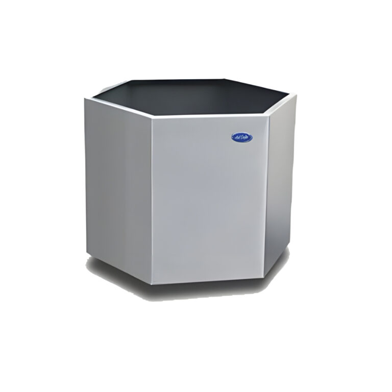 Jardinera hexagonal de 109 litros modelo 706111 en acero inoxidable pulido, 51 × 51 × 42 cm con ruedas, maceta intermedia para interiores y terrazas techadas.