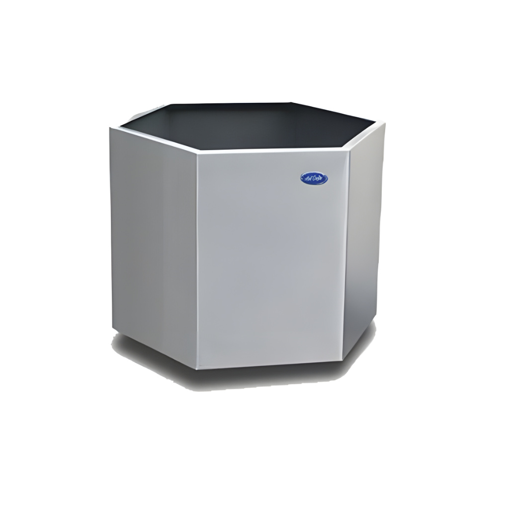 Jardinera hexagonal de 109 litros modelo 706111 en acero inoxidable pulido, 51 × 51 × 42 cm con ruedas, maceta intermedia para interiores y terrazas techadas.