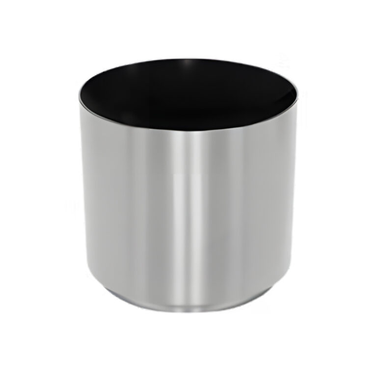 Jardinera Jumbo de 108 litros modelo 701111 en acero inoxidable pulido, 49 cm de diámetro × 45 cm de alto con ruedas inferiores.