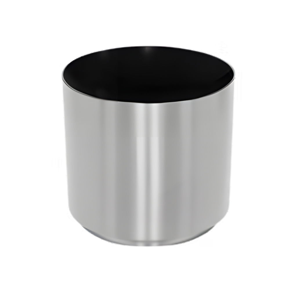 Jardinera Jumbo de 108 litros modelo 701111 en acero inoxidable pulido, 49 cm de diámetro × 45 cm de alto con ruedas inferiores.