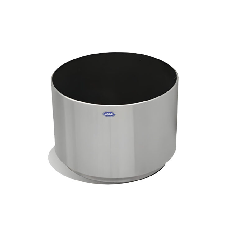 Jardinera Jumbo cilíndrica de 84 litros modelo 701011 en acero inoxidable pulido, 49 cm de diámetro × 35 cm de alto con ruedas ocultas.