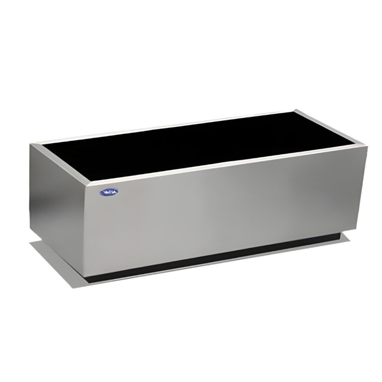 Jardinera rectangular grande de 143 litros modelo 703211 en acero inoxidable pulido, 112 × 40 × 32 cm con ruedas de PVC para proyectos de paisajismo.