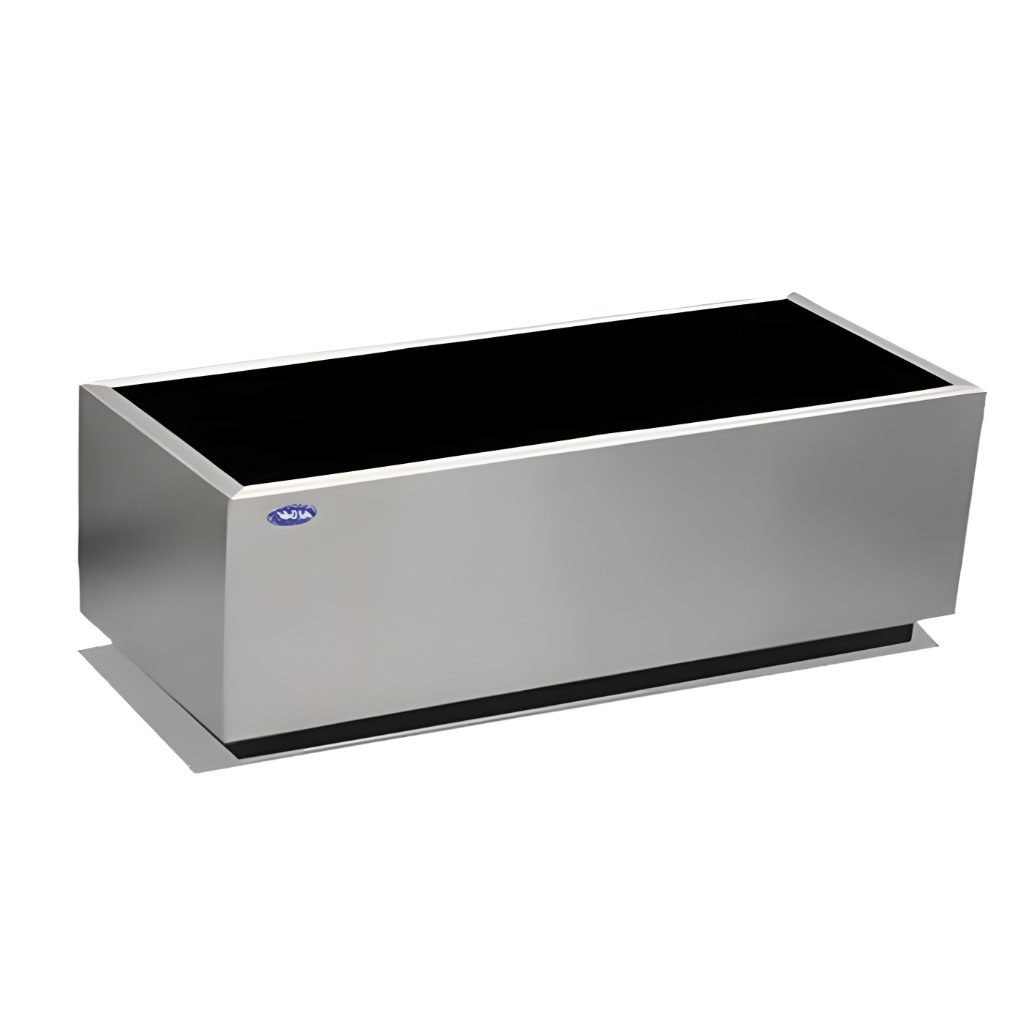 Jardinera rectangular grande de 143 litros modelo 703211 en acero inoxidable pulido, 112 × 40 × 32 cm con ruedas de PVC para proyectos de paisajismo.