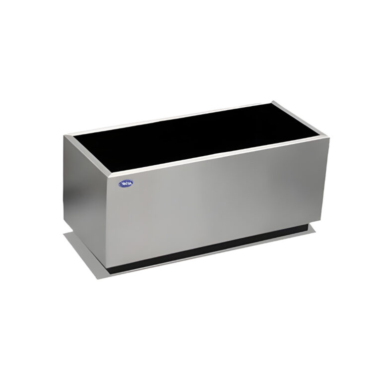 Jardinera rectangular de 67 litros modelo 703011 en acero inoxidable pulido, 70 × 30 × 32 cm con ruedas inferiores para uso interior y exterior.