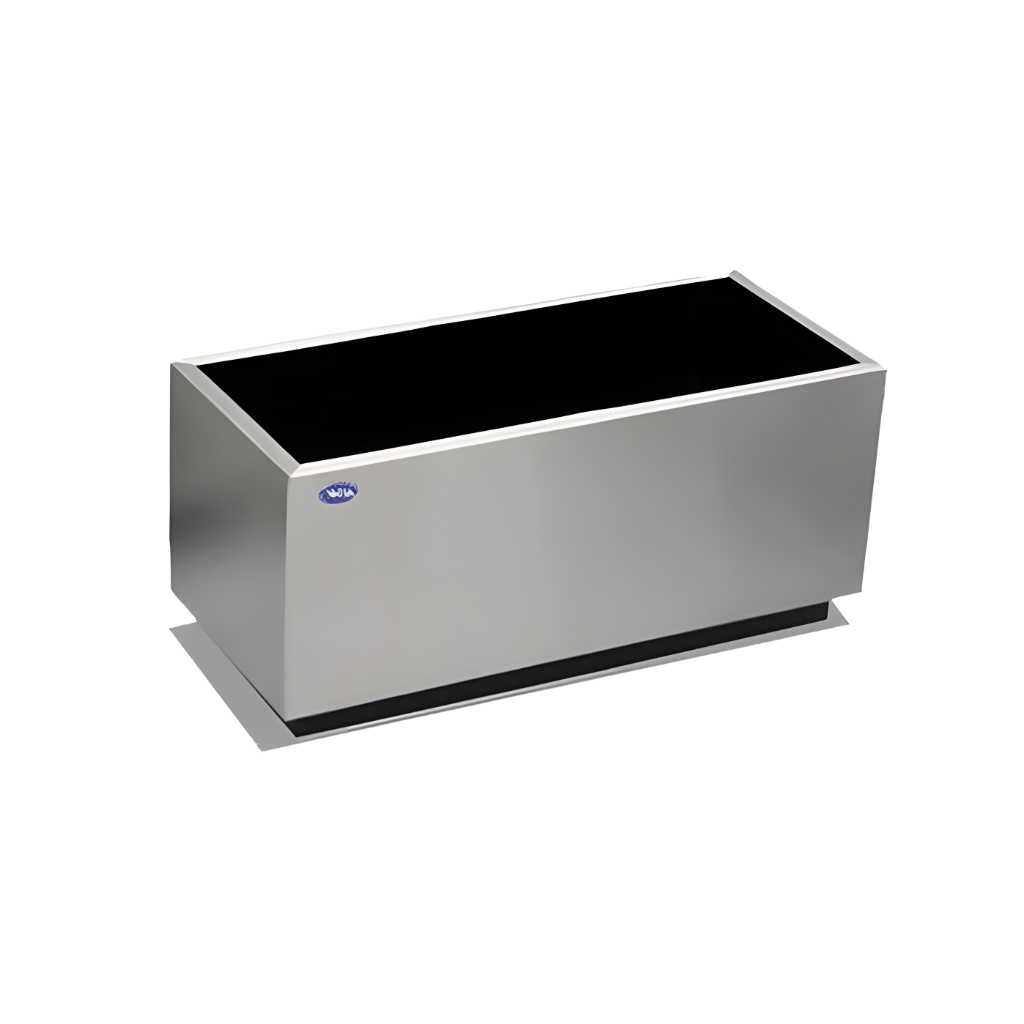 Jardinera rectangular de 67 litros modelo 703011 en acero inoxidable pulido, 70 × 30 × 32 cm con ruedas inferiores para uso interior y exterior.