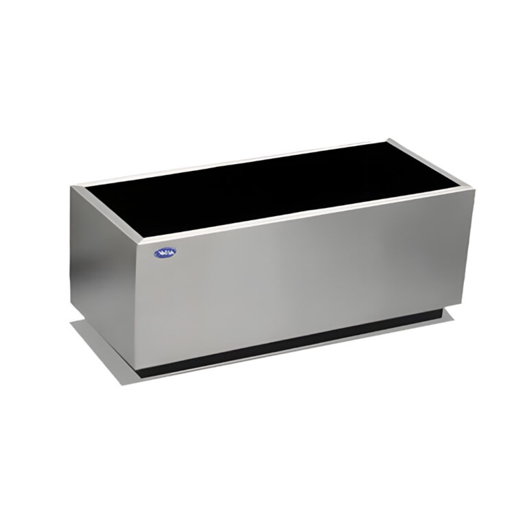 Jardinera rectangular de 86 litros modelo 703111 en acero inoxidable pulido, 90 × 30 × 32 cm con base y ruedas ocultas.