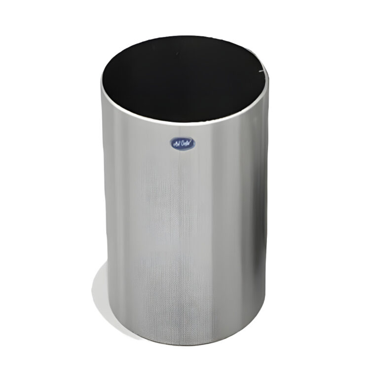 Jardinera Sydney alta de 61 litros modelo 702211 en acero inoxidable pulido, cilindro de 32 × 32 × 60 cm para plantas de mayor tamaño.