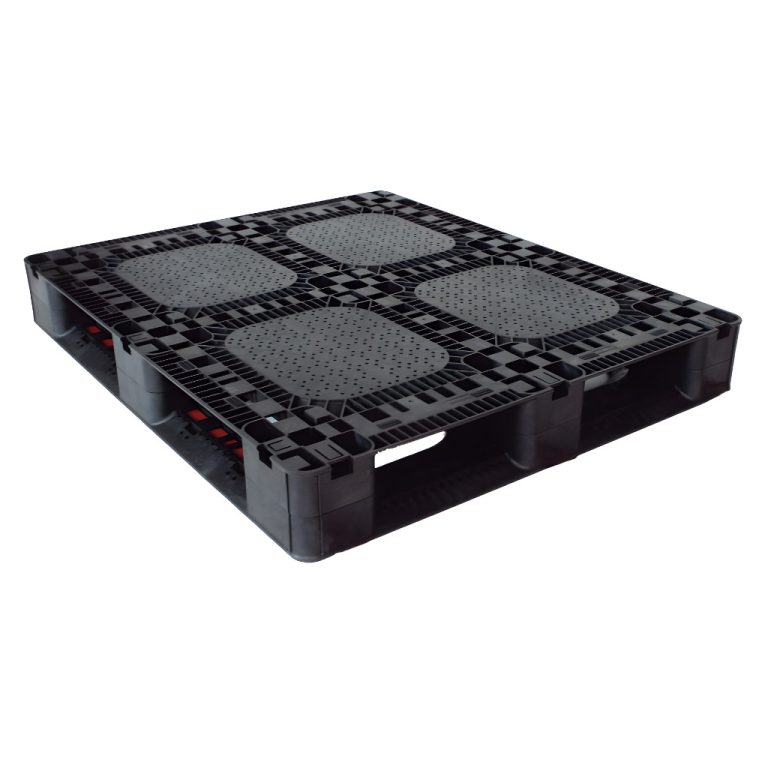 Pallet de plástico Heavy Duty negro 120 x 100 x 15 cm, superficie antiderrapante con zonas texturizadas, capacidad 13,000 kg estática y 2,500 kg dinámica.