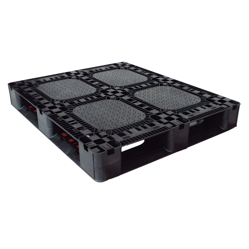 Pallet de plástico Heavy Duty negro 120 x 100 x 15 cm, superficie antiderrapante con zonas texturizadas, capacidad 13,000 kg estática y 2,500 kg dinámica.