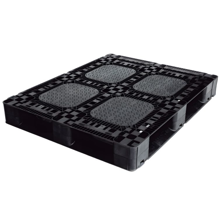 Pallet de plástico Medium Duty negro 120 x 100 x 15 cm, superficie antiderrapante, capacidad 10,000 kg estática y 2,000 kg dinámica.