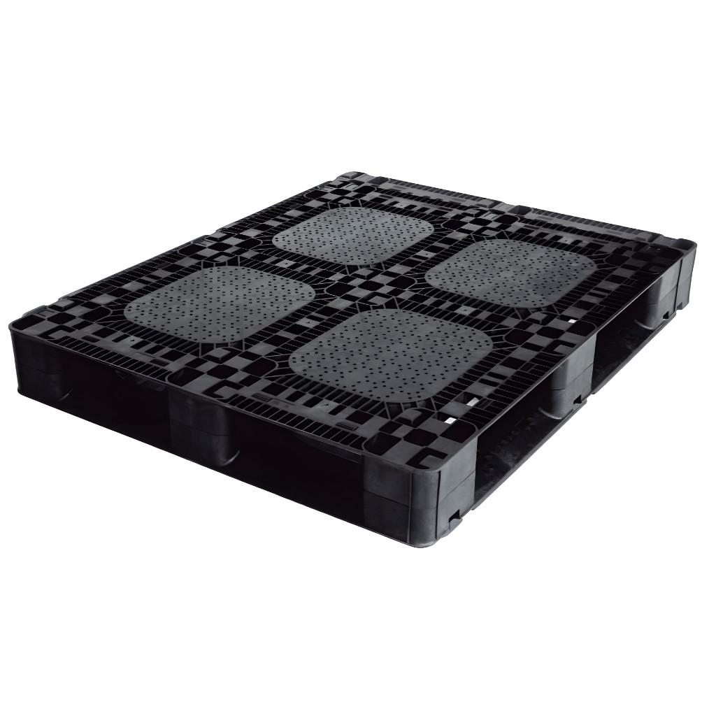 Pallet de plástico Medium Duty negro 120 x 100 x 15 cm, superficie antiderrapante, capacidad 10,000 kg estática y 2,000 kg dinámica.