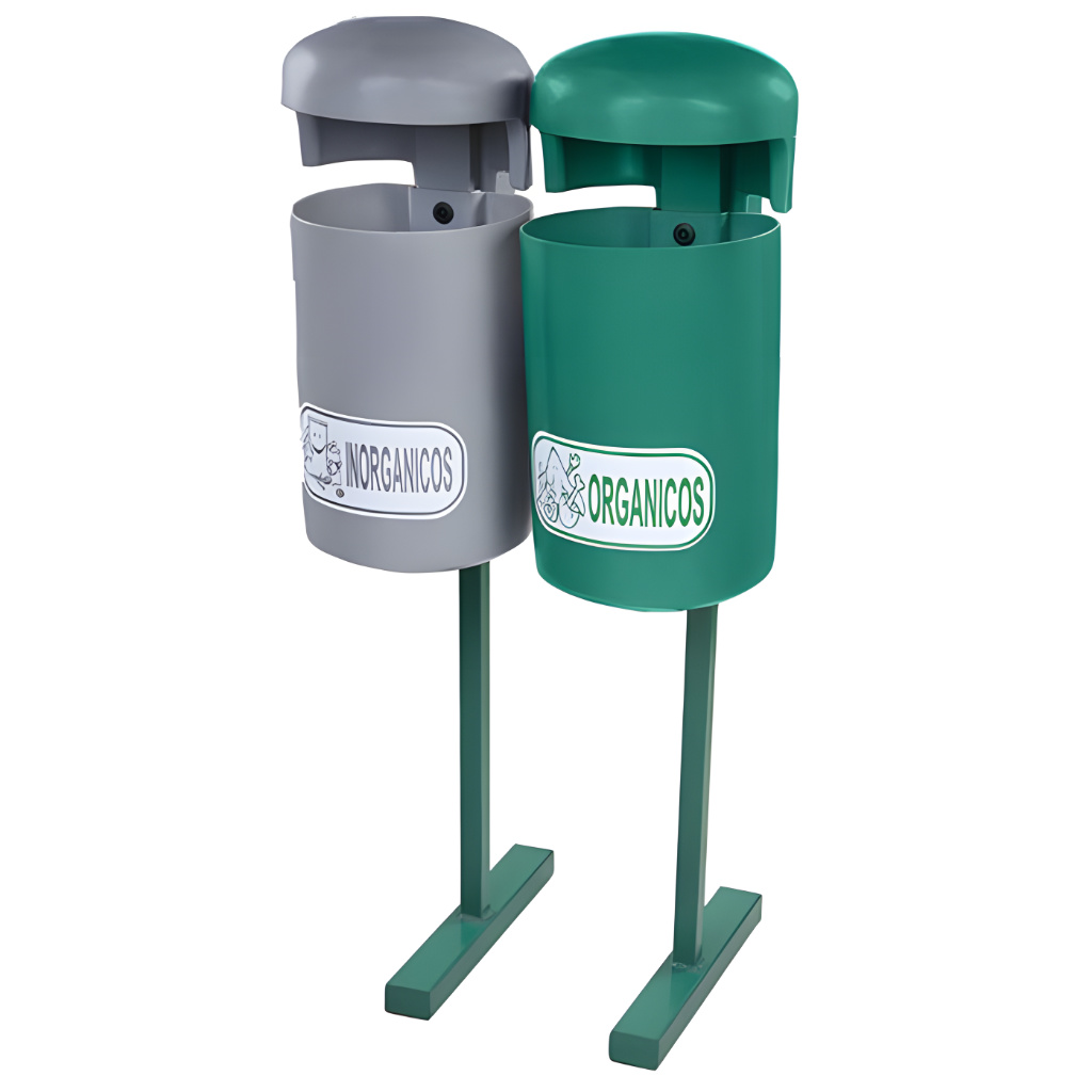 Papelera urbana PA-30 doble con dos botes de 30 litros sobre poste metálico, uno verde para orgánicos y otro gris para inorgánicos, ideal para parques y ciclovías.