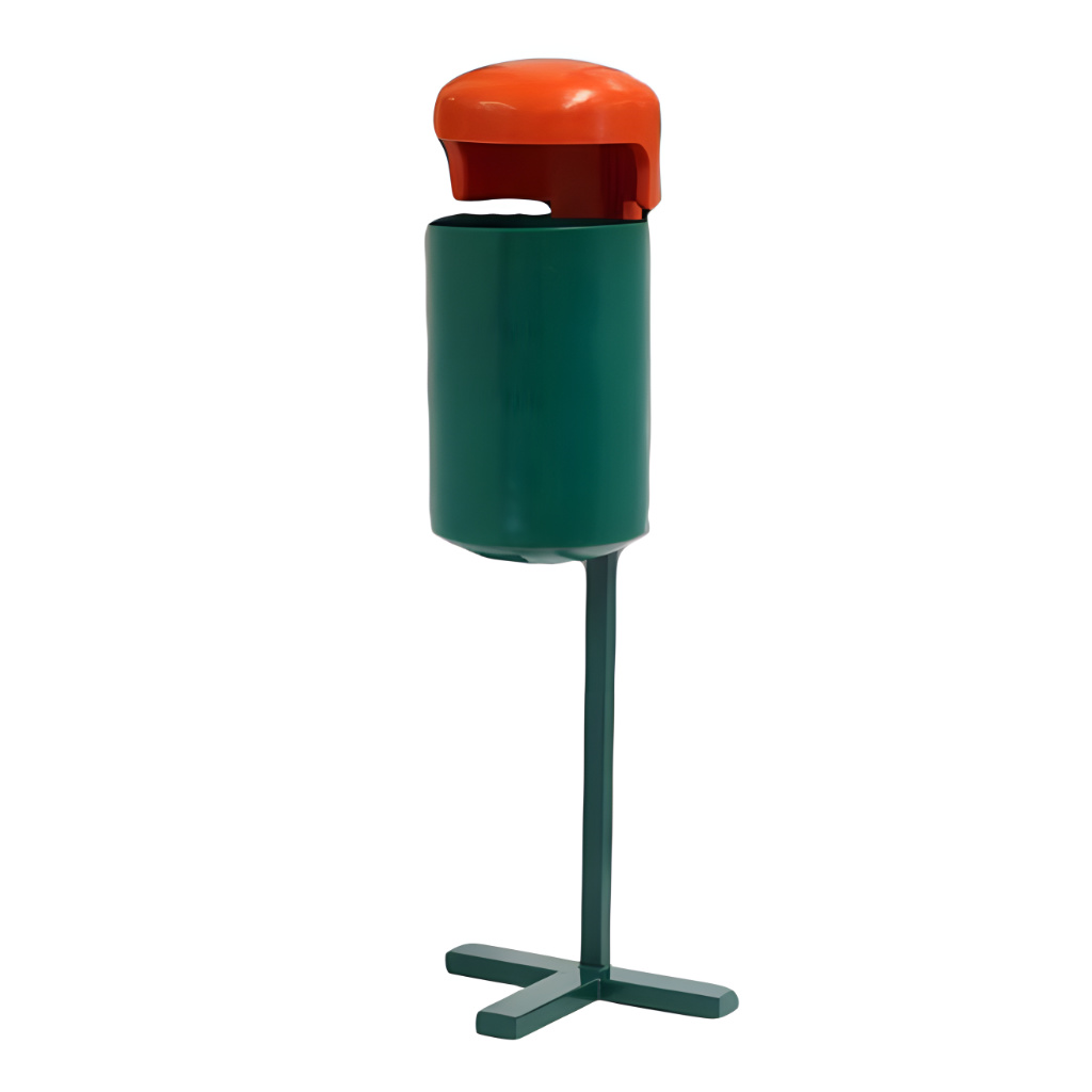 Papelera urbana PA-30 sencillo con un bote cilíndrico de 30 litros y domo plástico sobre poste metálico anclable, pensada para parques y banquetas.