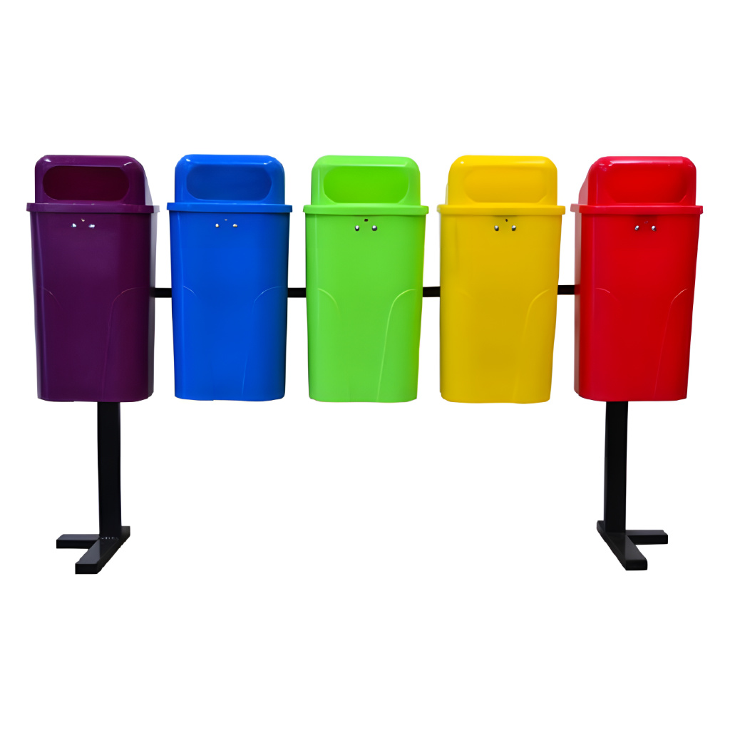 Papelera urbana PA-50 quíntuple con cinco botes de 50 litros montados en doble poste, colores personalizables para separación de residuos.