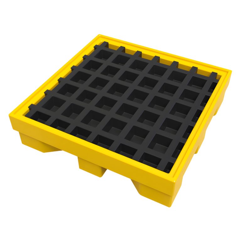 Plataforma antiderrames PLAT1‑200 amarilla con rejilla negra para 1 tambo de 200 litros, fabricada en polietileno rotomoldeado.