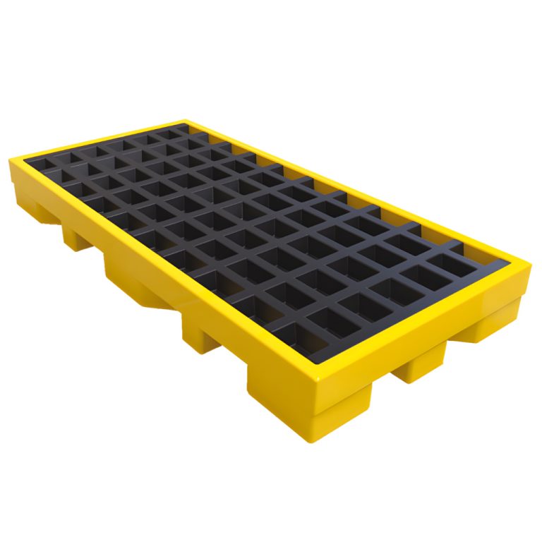 Plataforma antiderrames PLAT2‑200 amarilla con rejilla negra removible para 2 tambos industriales de 200 litros.
