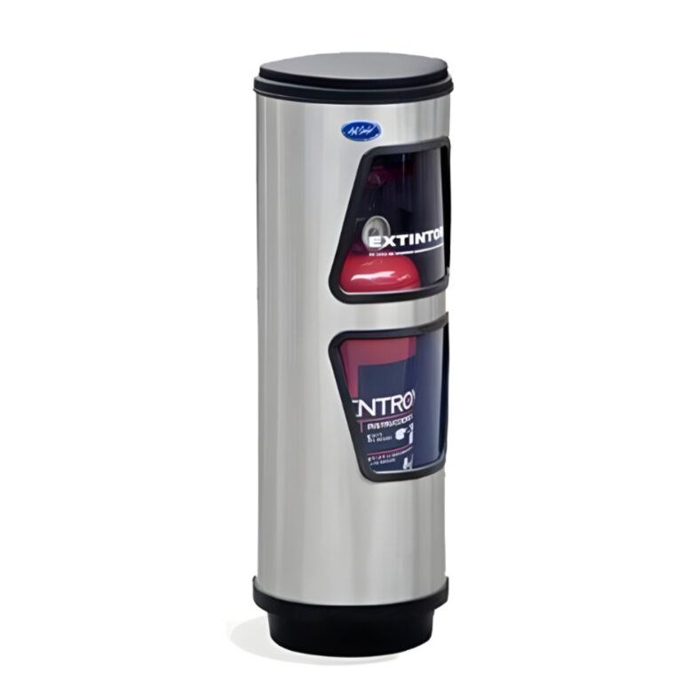 Porta extintor cilíndrico doble ventana modelo 407011 de acero inoxidable pulido, 23 × 23 × 68 cm con base plástica y tapa doble función tipo cenicero para extintor de 9 kg / 12 lb CO₂.