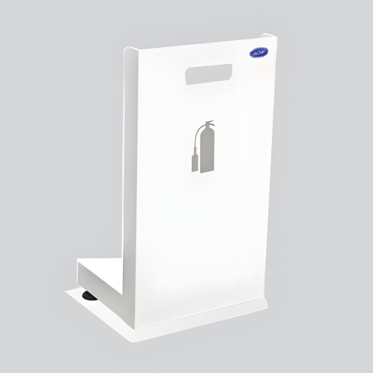 Porta extintor móvil Screen blanco modelo 405024 de acero inoxidable pulido 20 × 30 × 70 cm para extintor de 9 kg o 12 lb CO₂, con base de piso y recorte de extintor frontal.