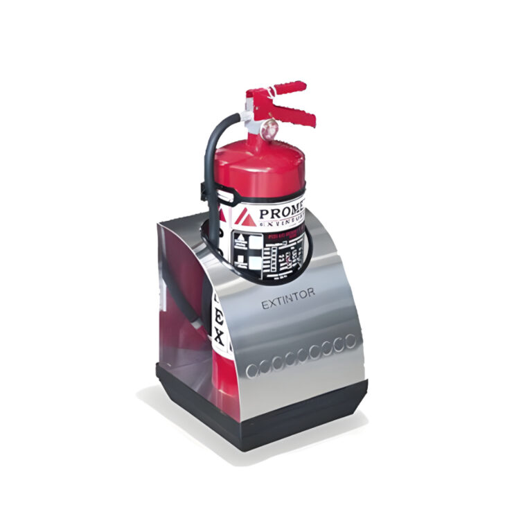 Porta extintor triangular modelo 412011 de acero inoxidable pulido, 28 × 28 × 33.5 cm, diseño esquinero con texto indicativo “EXTINTOR”, base plástica negra y capacidad para extintor de 9 kg / 12 lb CO₂.