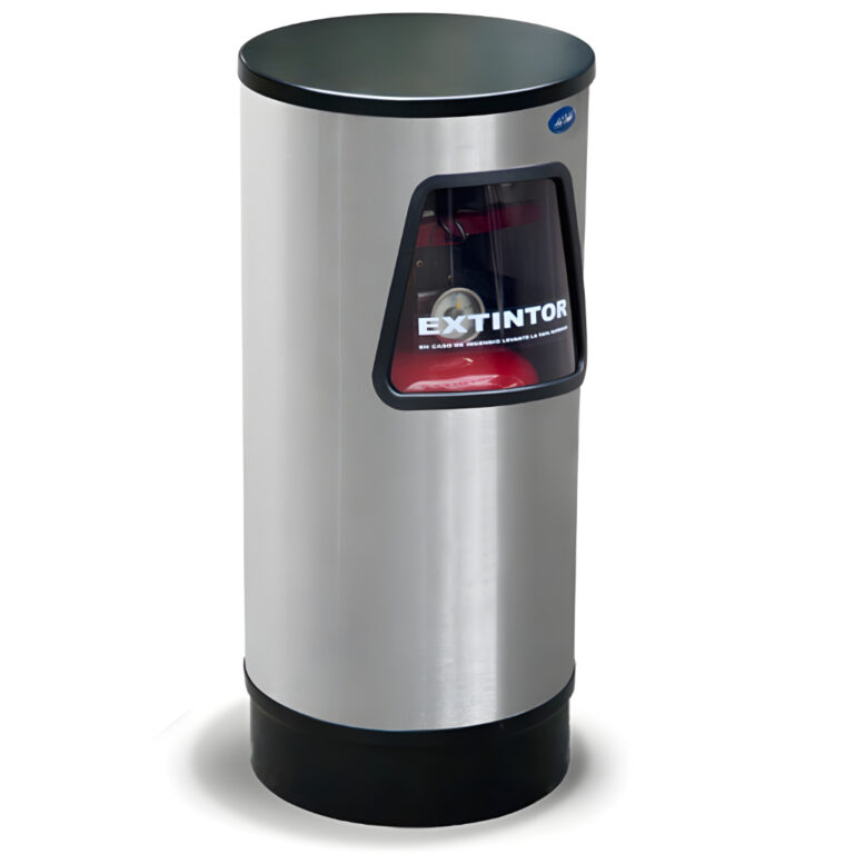 Porta extintor cilíndrico grande de acero inoxidable pulido modelo 401211, dimensiones 31 × 31 × 68 cm con base plástica de alta resistencia y ventana frontal para extintor de 9 kg o 12 lb CO₂.