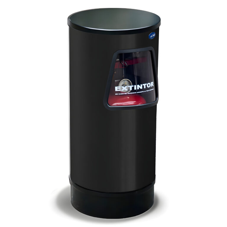 Porta extintor cilíndrico grande negro modelo 401223, fabricado en lámina de acero calibre 22 con acabado negro mate, base plástica antirrayaduras y ventana frontal acrílica para extintor de 9 kg / 12 lb CO₂.