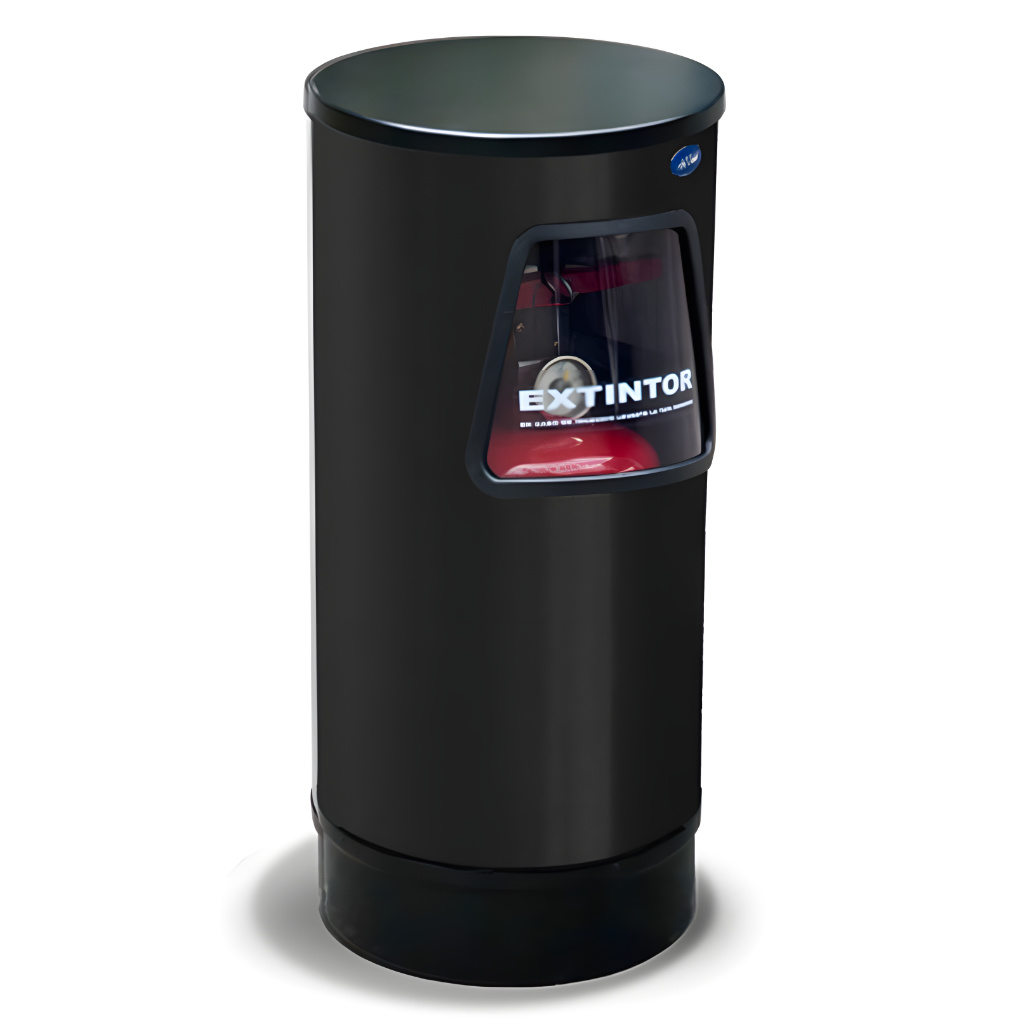 Porta extintor cilíndrico grande negro modelo 401223, fabricado en lámina de acero calibre 22 con acabado negro mate, base plástica antirrayaduras y ventana frontal acrílica para extintor de 9 kg / 12 lb CO₂.