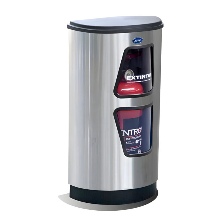 Porta extintor de medio punto 408011 en acero inoxidable pulido, 40 × 20 × 68 cm con tapa cenicero desmontable, base plástica y doble ventana frontal para extintor de 9 kg / 12 lb CO₂.