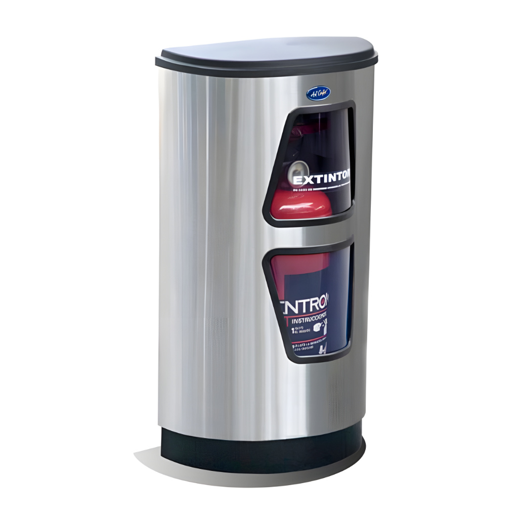 Porta extintor de medio punto 408011 en acero inoxidable pulido, 40 × 20 × 68 cm con tapa cenicero desmontable, base plástica y doble ventana frontal para extintor de 9 kg / 12 lb CO₂.