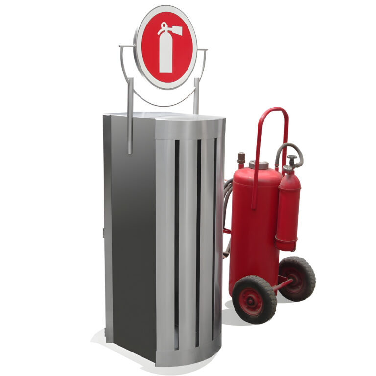 Portaextintor gigante modelo 409011 en acero inoxidable para extintor móvil de alta capacidad de hasta 50 kg o 125 lb CO₂, con frente tipo reja y señal redonda de extintor en la parte superior.