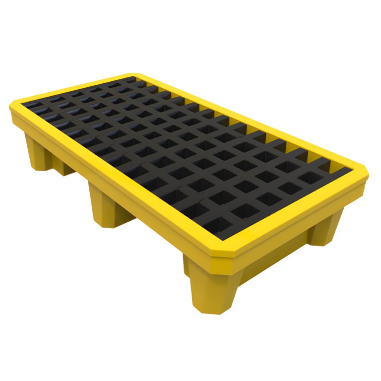 Tarima plástica antiderrames TAR2‑200 amarilla con rejilla negra para 2 tambos de 200 litros, entrada para montacargas.