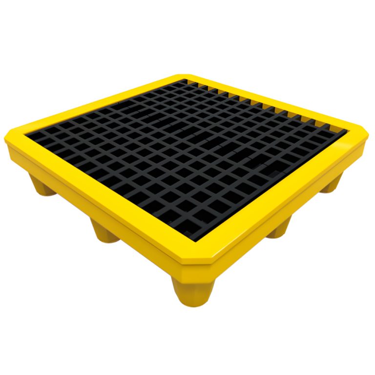 Tarima plástica antiderrames TAR4‑200 amarilla con rejilla negra para 4 tambos de 200 litros, contención de altos volúmenes de derrame.
