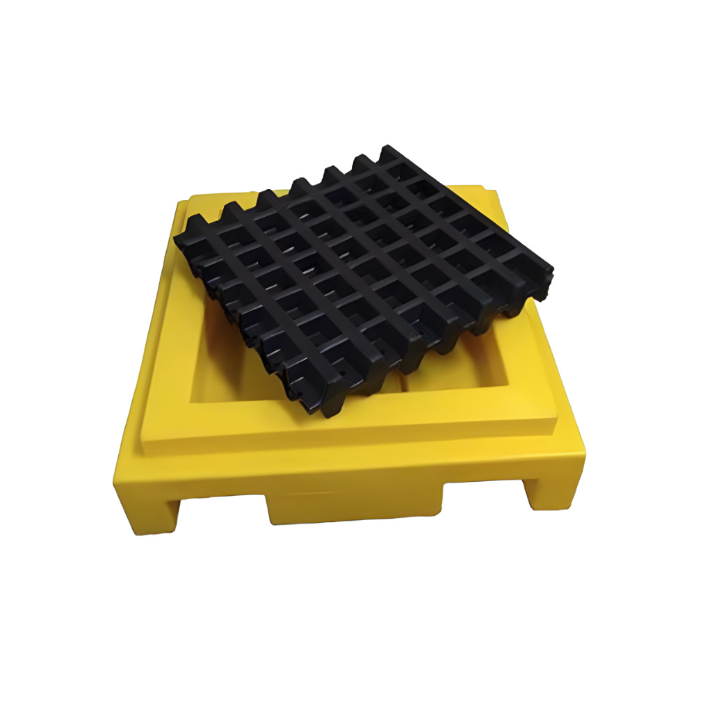Tarima plástica antiderrames WT‑01 amarilla con rejilla negra para 1 tambo de 200 litros, entrada para patín y contención aproximada de 25 litros.