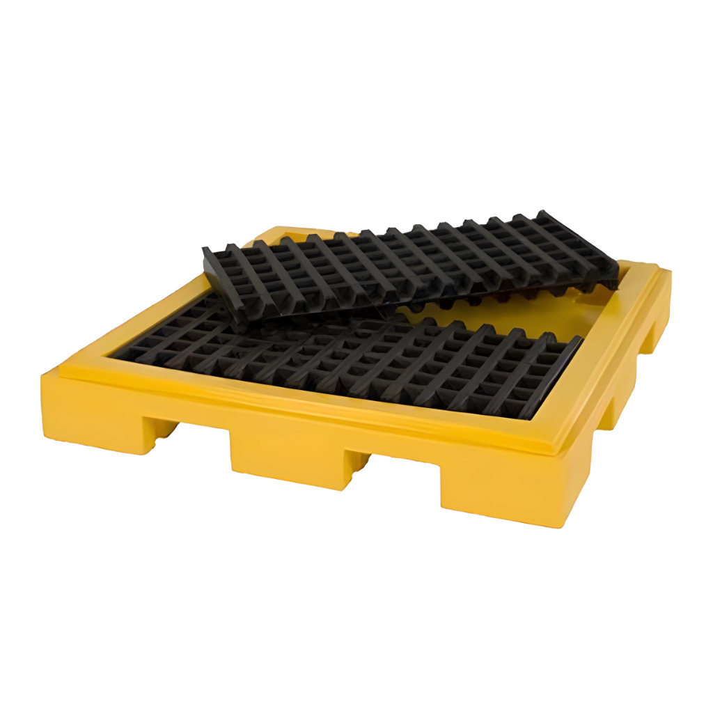 Tarima plástica antiderrames WT‑04 amarilla para 4 tambos de 200 litros, con rejillas negras y charola integrada de 150 litros.