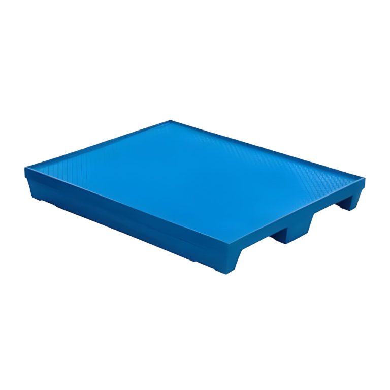 Tarima plástica WT-02 azul 124 x 104 x 17 cm, superficie lisa con ceja perimetral y 2 entradas de patín, carga dinámica 1000 kg para uso industrial